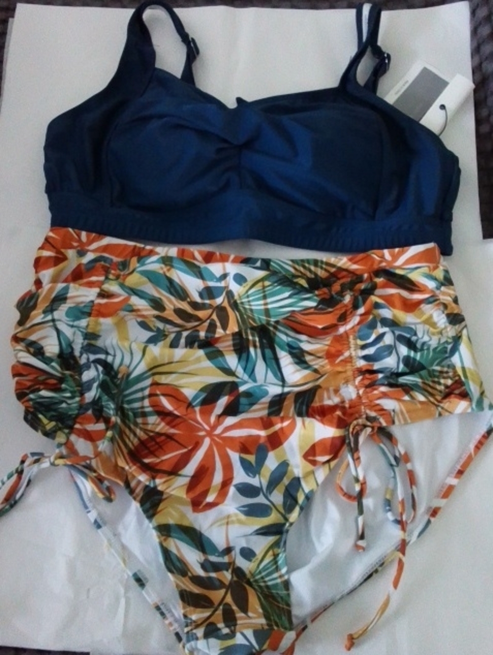 Hanna Nikole Navy Bikini Top with Tropical High-Waist Bottoms - Women's Swim Set